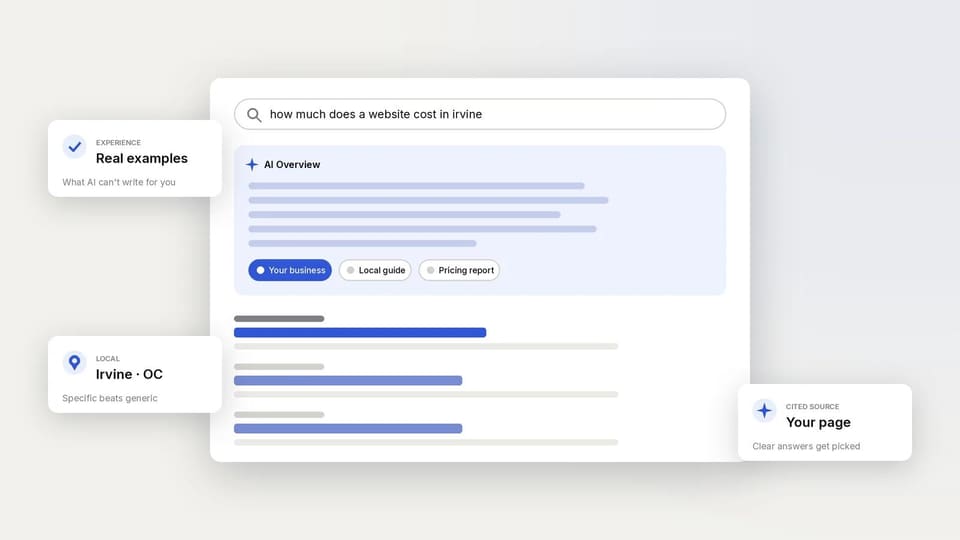 Search results page with an AI Overview citing a local business as a source
